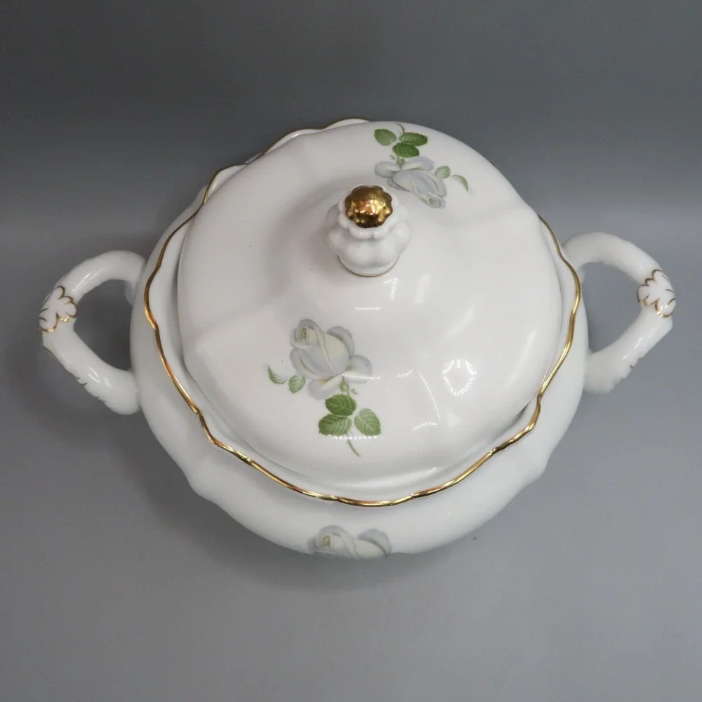 Johann Haviland Bavaria Germany White Rose Serving Vegetable Lidded Bowl